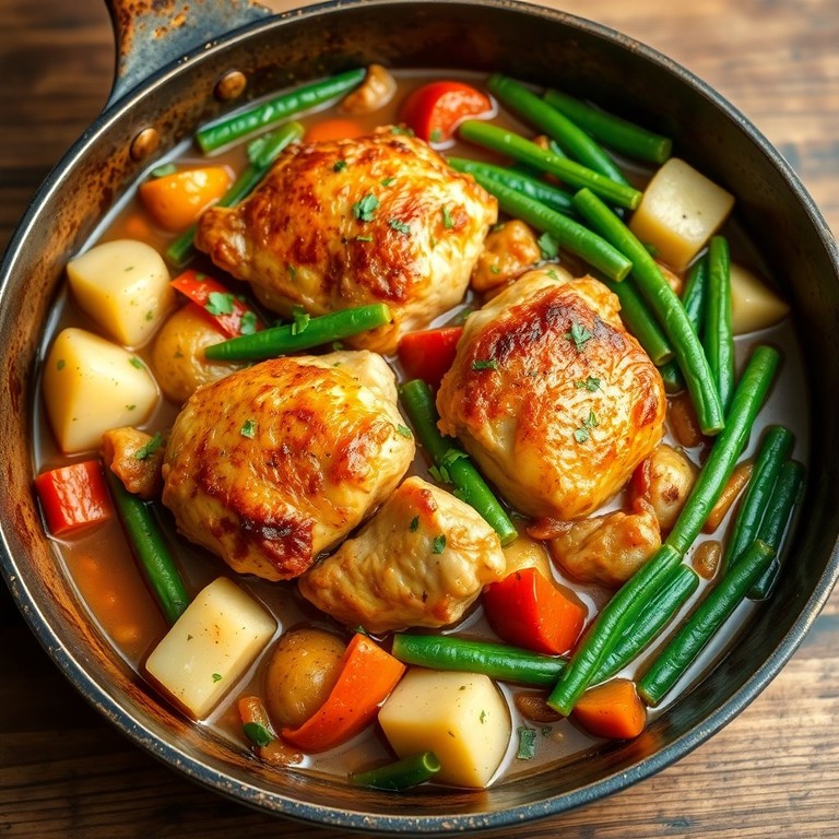 Herzhafte Hähnchen-Bohnen-Pfanne mit Kartoffeln und würziger Soße