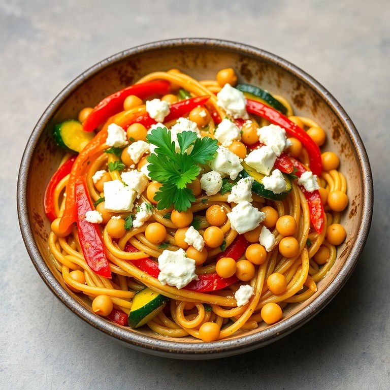 Paprika-Zucchini-Pasta mit Feta und Kichererbsen