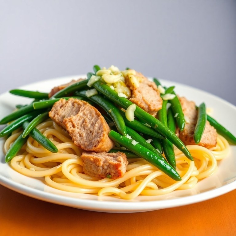 Massa com Bifanas e Feijão Verde Salteado