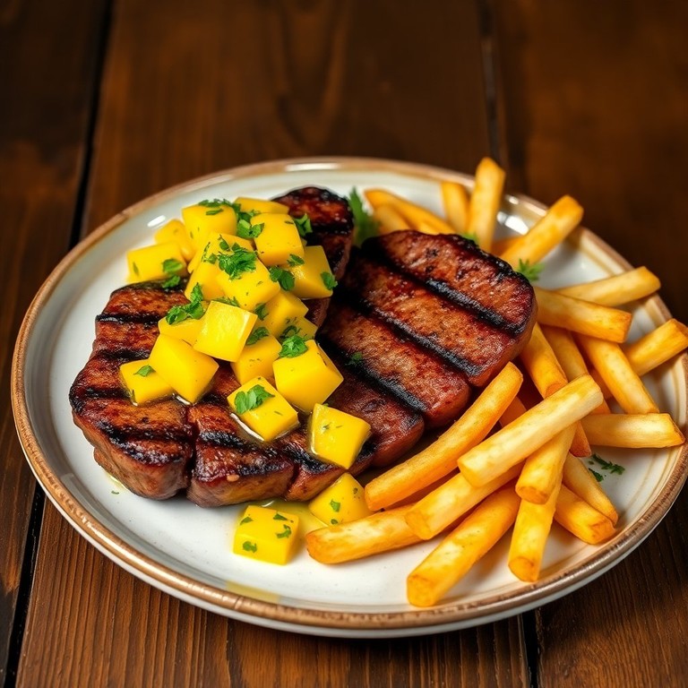 Entrecôte Frite avec Salsa de Mangue et Frites Dorées