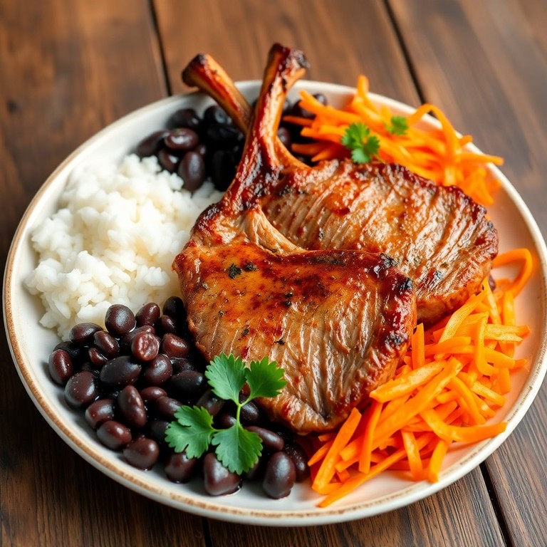Bisteca Suína com Arroz e Feijão à Brasileira