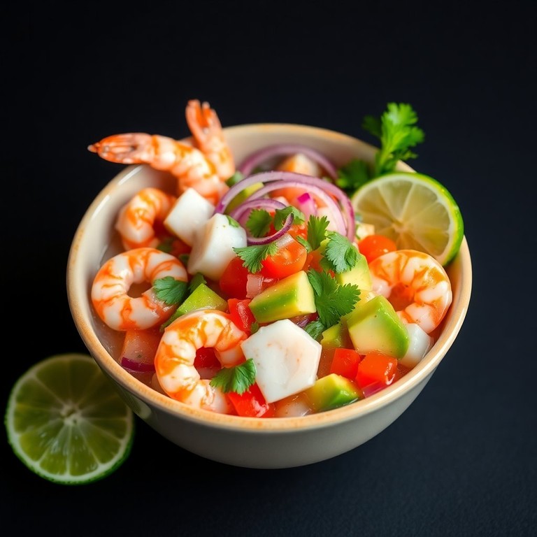 Ceviche de Camarón y Pescado con Aguacate y Cilantro