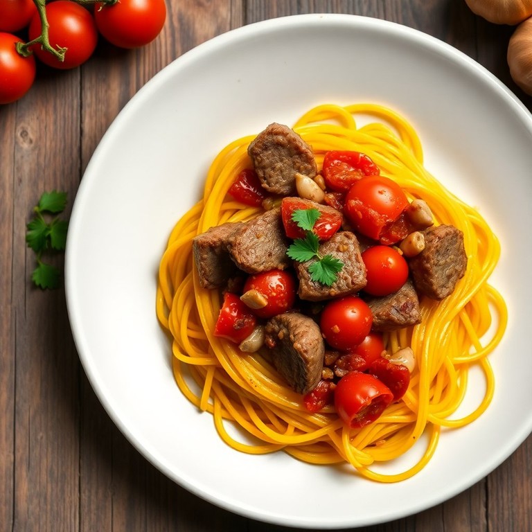 Kürbis-Spaghetti mit Knoblauch, Olivenöl, Fleisch und Tomaten