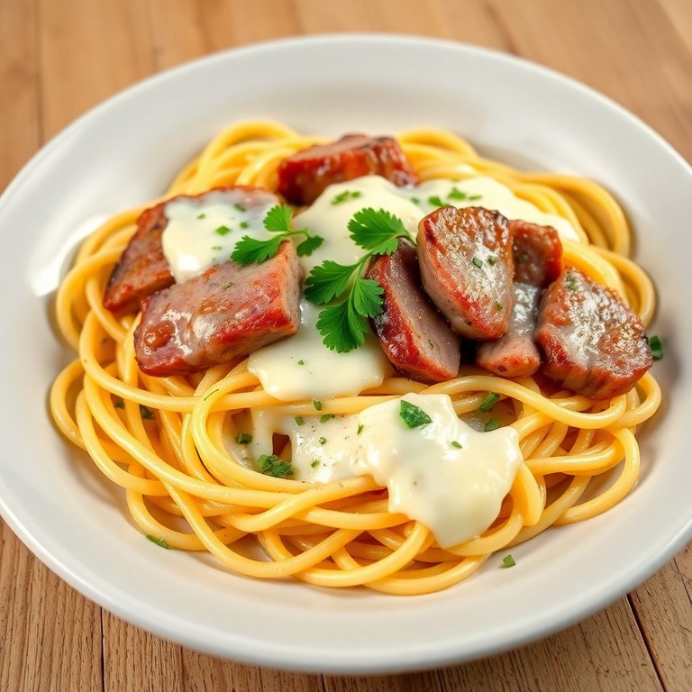 Espaguete à Carbonara com Filé Mignon e Queijo Muçarela