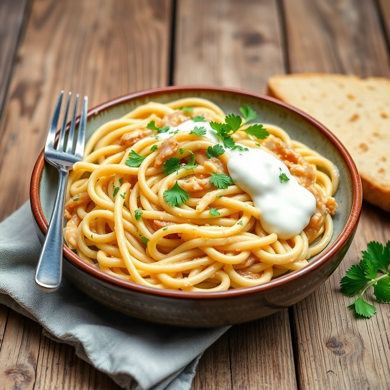 Cremige Zwiebel-Knoblauch-Nudeln mit Saure Sahne