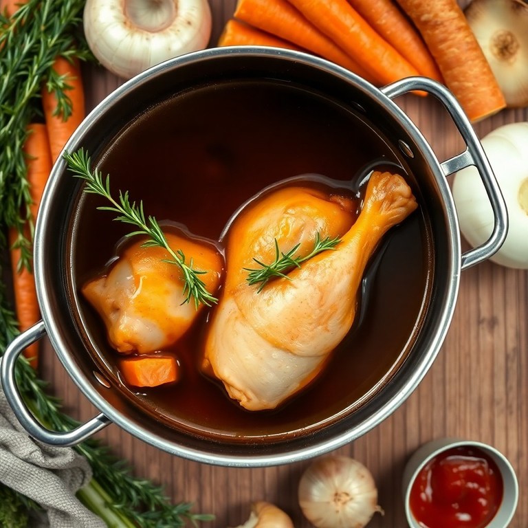 Rosmarin-Jus mit Hähnchenknochen und Gemüse
