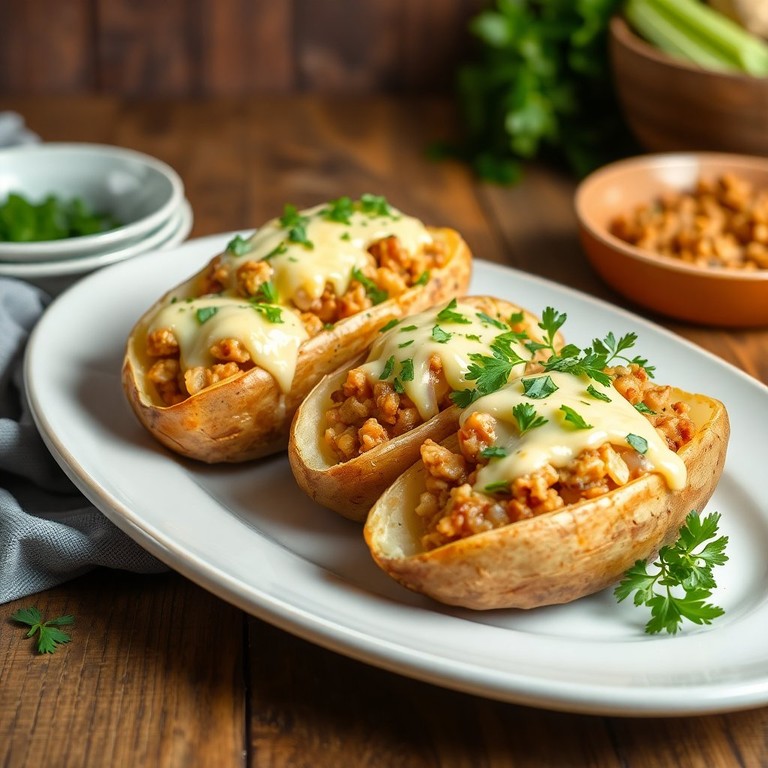 Запеченные картофельные лодочки с куриным фаршем и луком