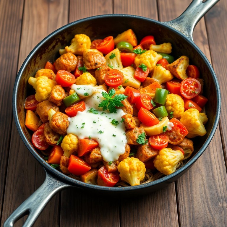 Bunte Gemüsepfanne mit Schmelzkäse und cremiger Sauce