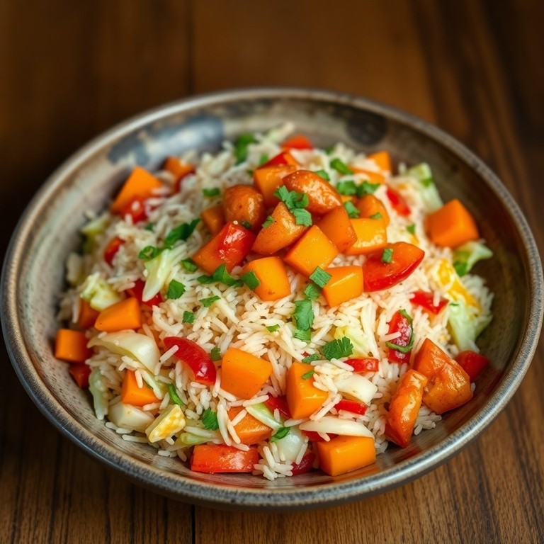 Riz Sauté aux Légumes et Chou Blanc avec Kaki Caramélisé