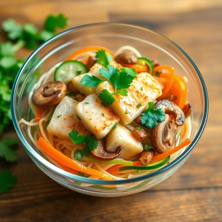 Салат из фунчозы с рыбой и жареными грибами