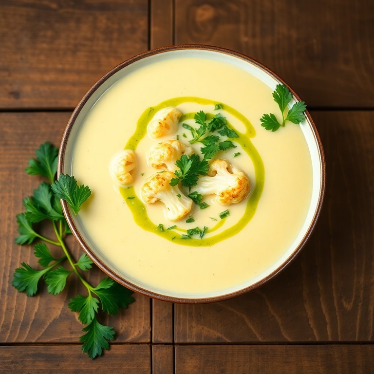 Creamy Roasted Cauliflower and Garlic Soup with Herb Drizzle