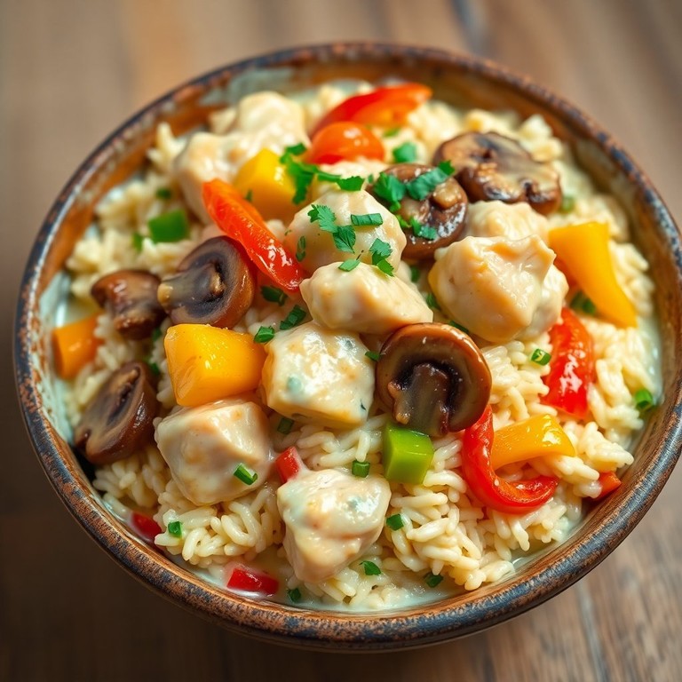 Arroz con Pollo y Champiñones en Salsa Cremosa