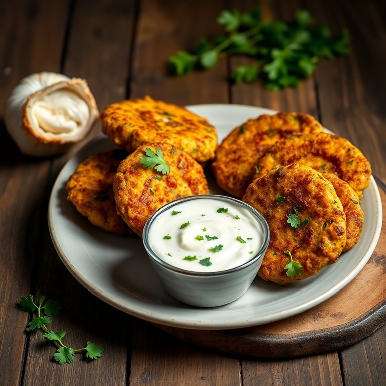 Kräuter-Curry-Puffer mit dickflüssigem Knoblauch-Dip ohne Joghurt
