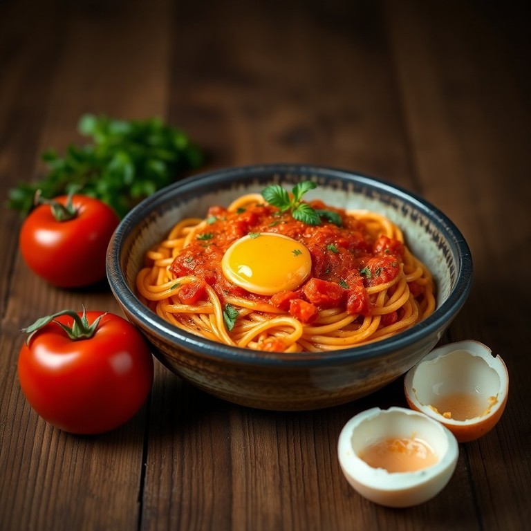 Макароны с томатной пастой и яйцом