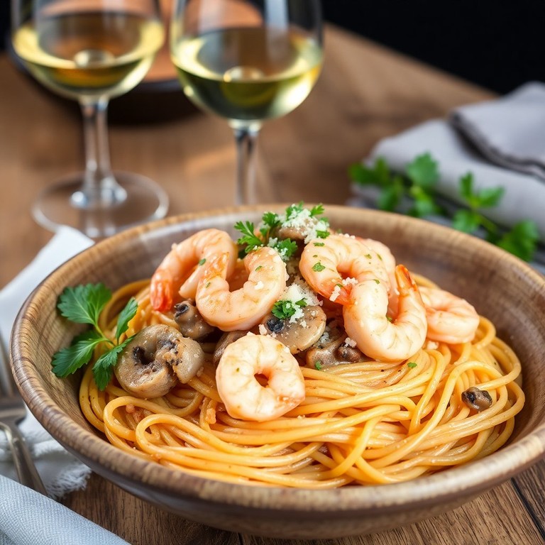 Espaguete com Camarão e Cogumelos ao Alho