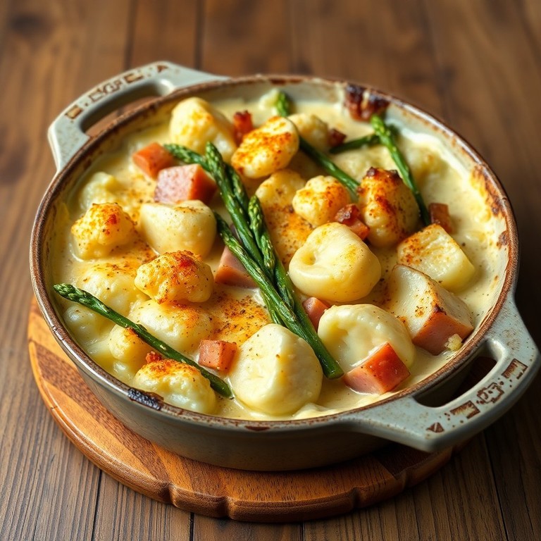 Cremiges Spargel-Blumenkohl-Gratin mit Schinken und Kartoffeln