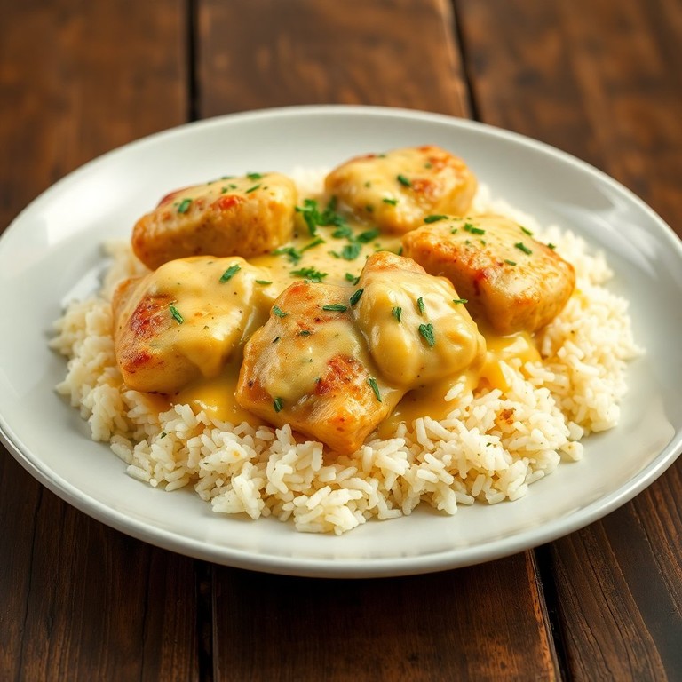 Hühnerkeule in Frischkäse-Sauce auf Reisbett