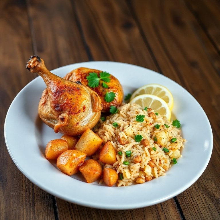 Frango Assado Crocante com Batatas e Arroz à Grega