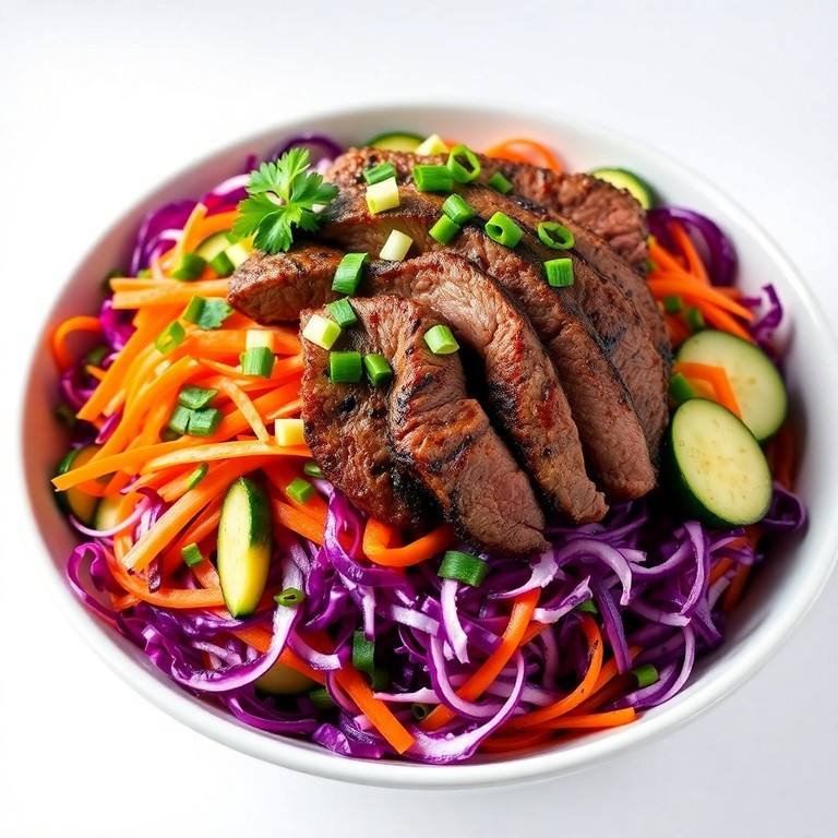 Salada Colorida de Repolho, Pepino Japonês e Cenoura com Contra Filé