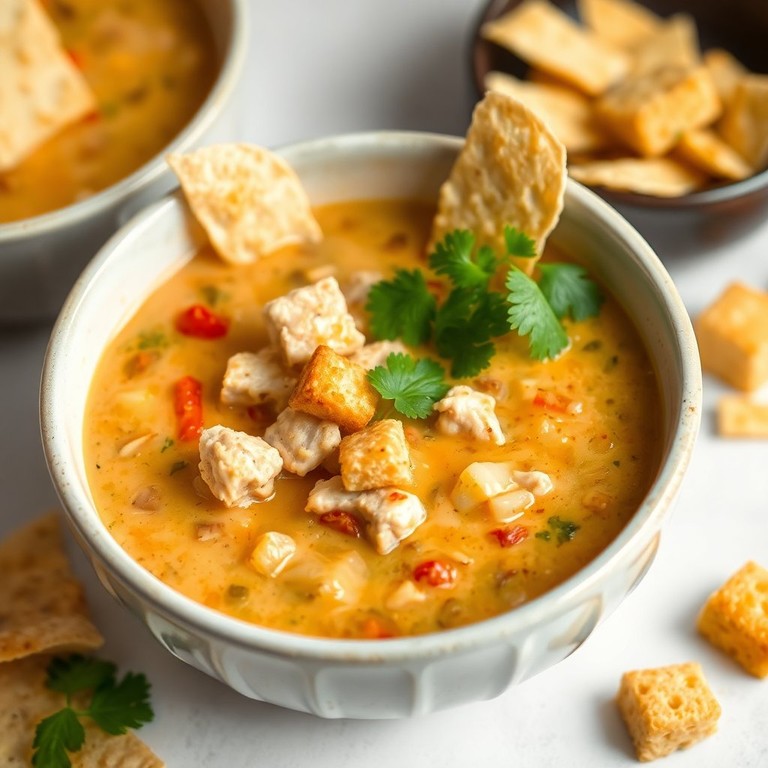 Creamy Chicken Tortilla Soup with Cheesy Cornbread Croutons