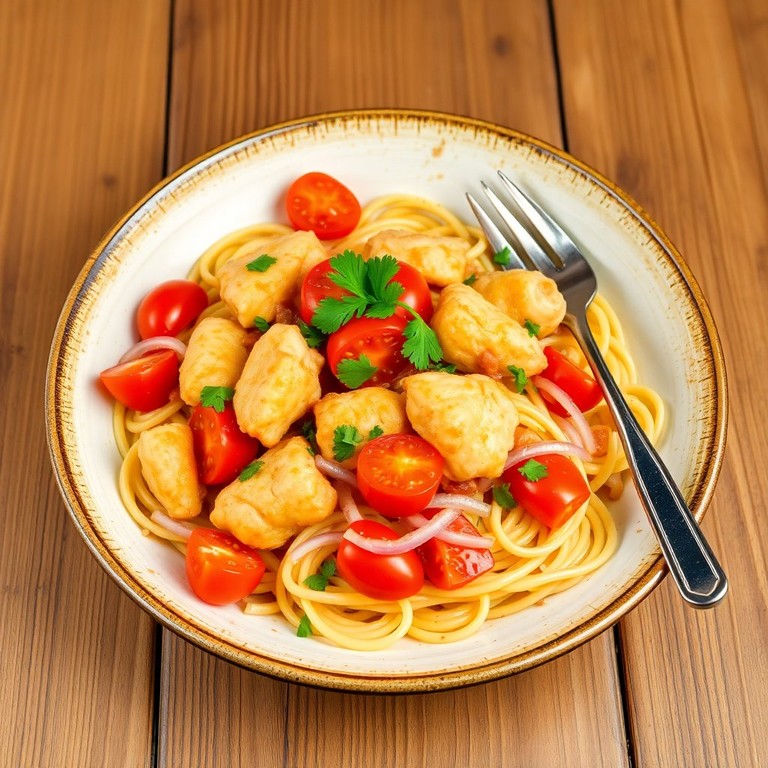 Pasta con Pollo, Tomate y Cebolla