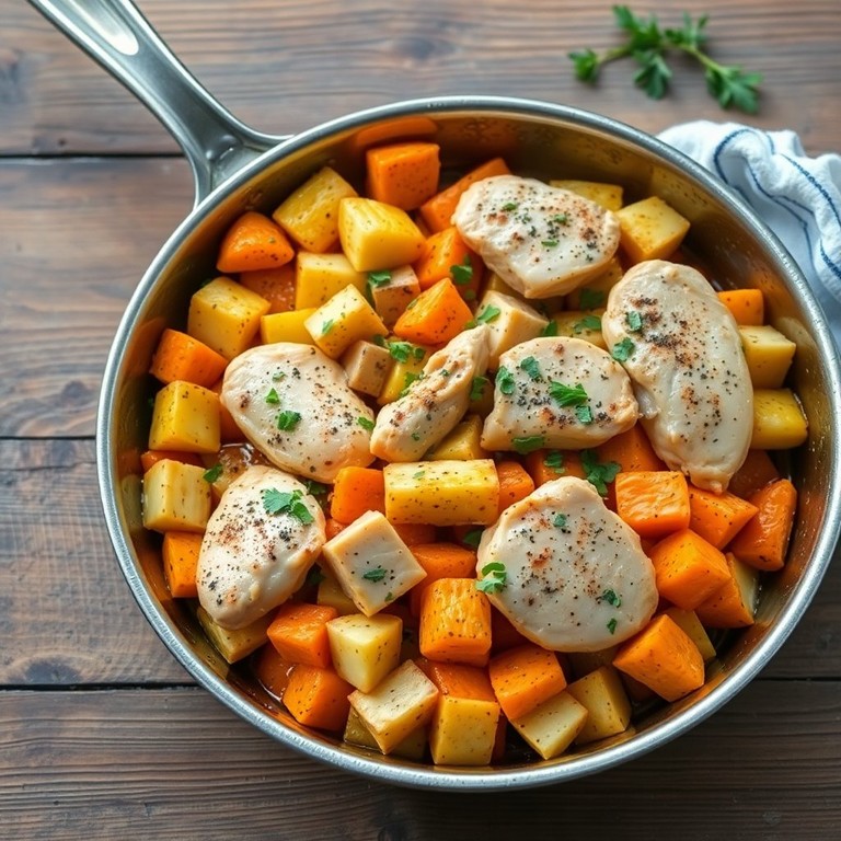 Köstliche Kartoffel-Pouletbrust-Pfanne mit Karotten