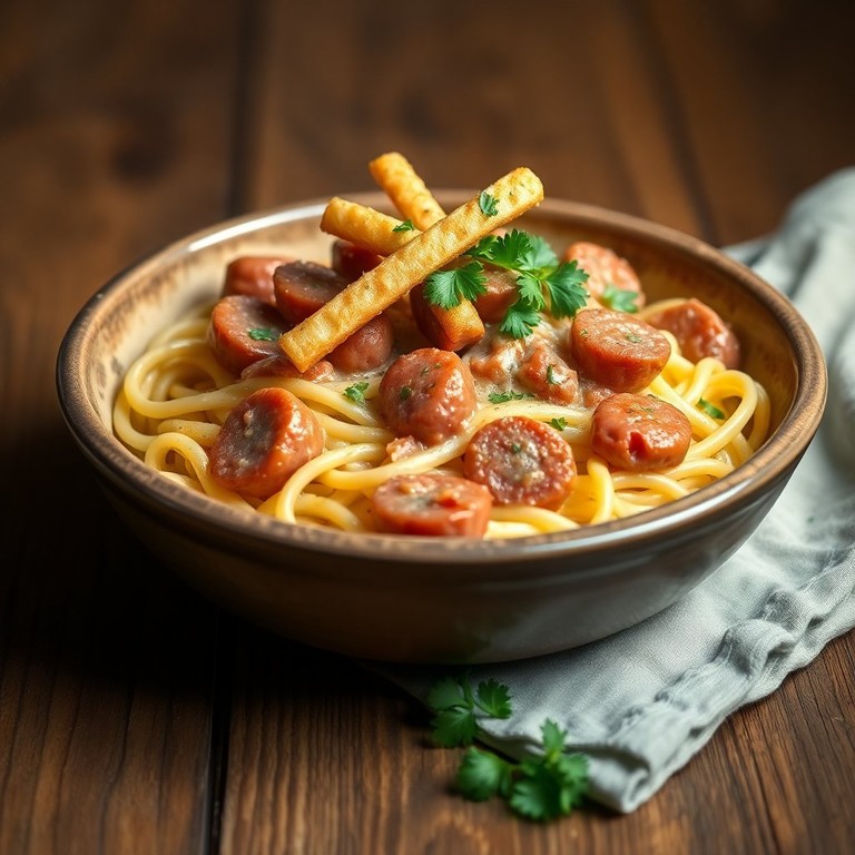 Salsicha de Lata com Massa Cremosa e Batata Palha Crocante