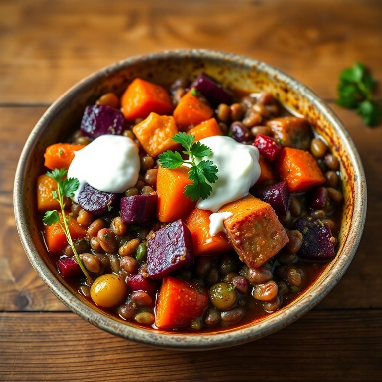 Bunte Gemüse-Linsen-Pfanne mit Creme Fraiche