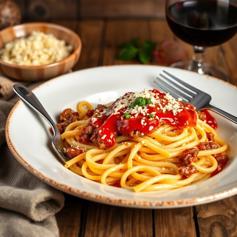 Макароны с мясным соусом и кетчупом