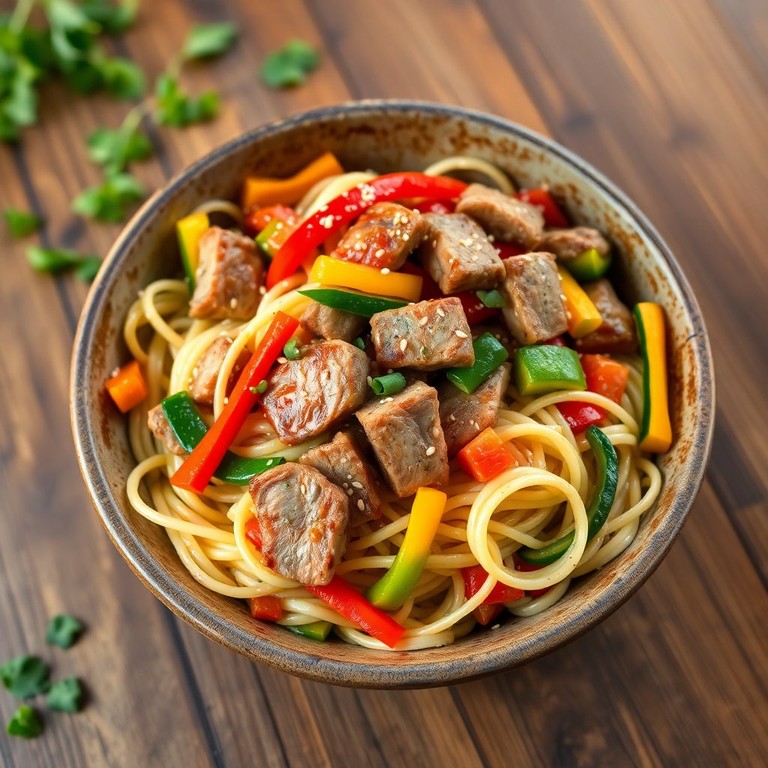 Salteado de Cerdo con Cabello de Ángel y Verduras Frescas