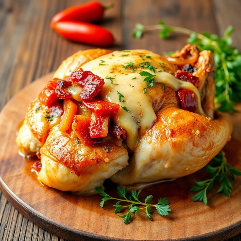 Poulet Rôti au Bacon et Poivrons avec Fromage Fondant