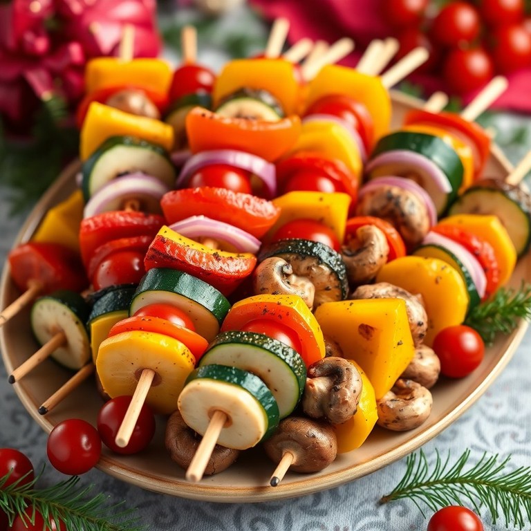 Festive Vegetable Skewers with Roasted Seasonal Veggies