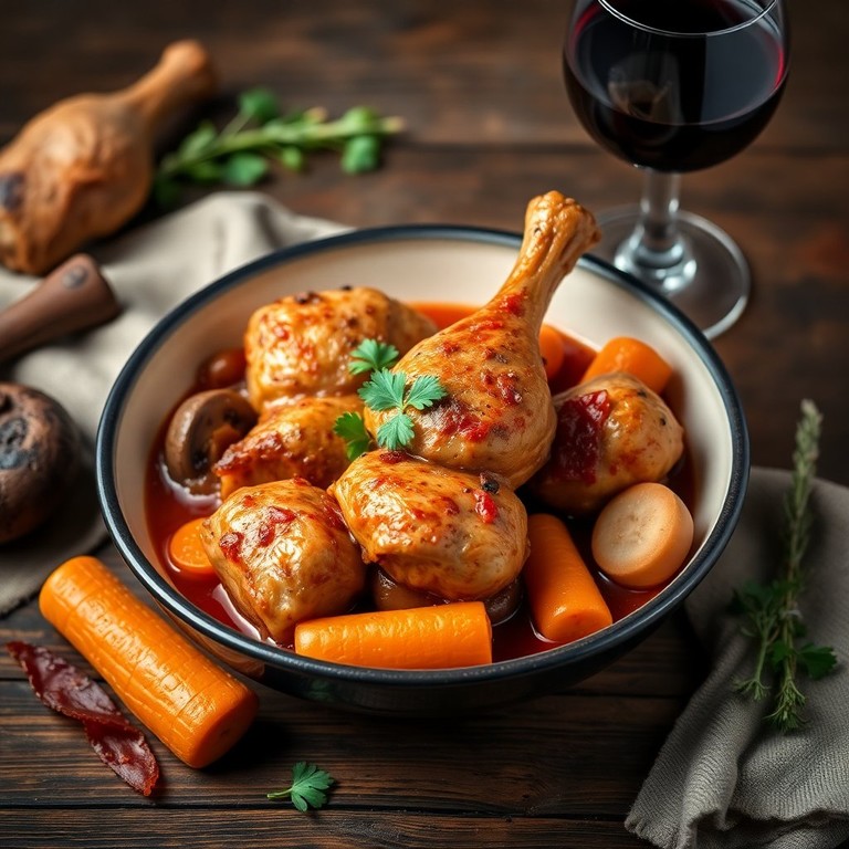 Klassieke Coq au Vin met een Rijke Wijnsaus en Malse Kip