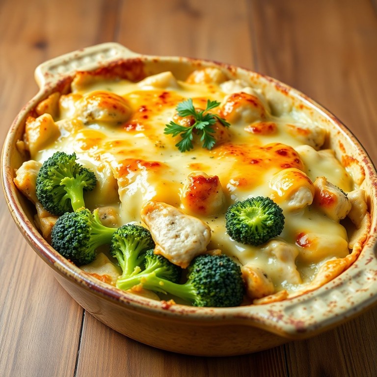 Запеканка из брокколи и куриного филе с расплавленным сыром