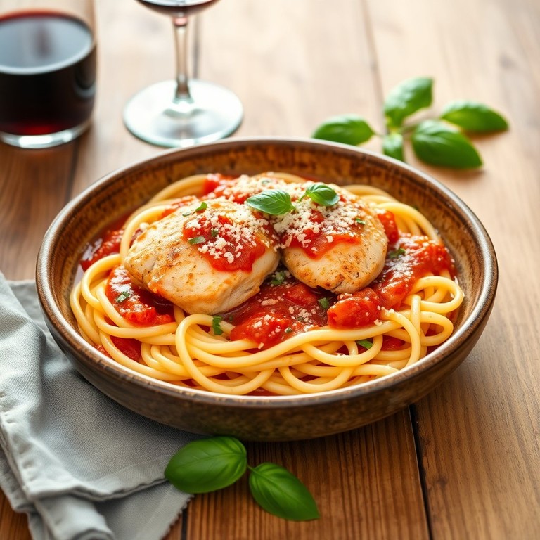 Куриные макароны с томатным соусом и тертым сыром