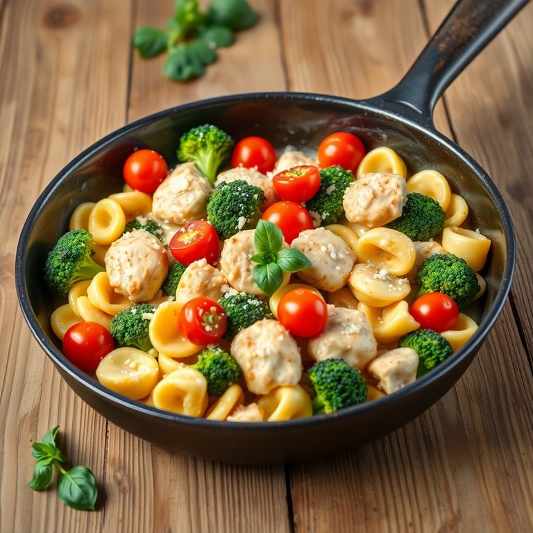 Cremige Hühnchen-Tortellini-Pfanne mit frischem Gemüse
