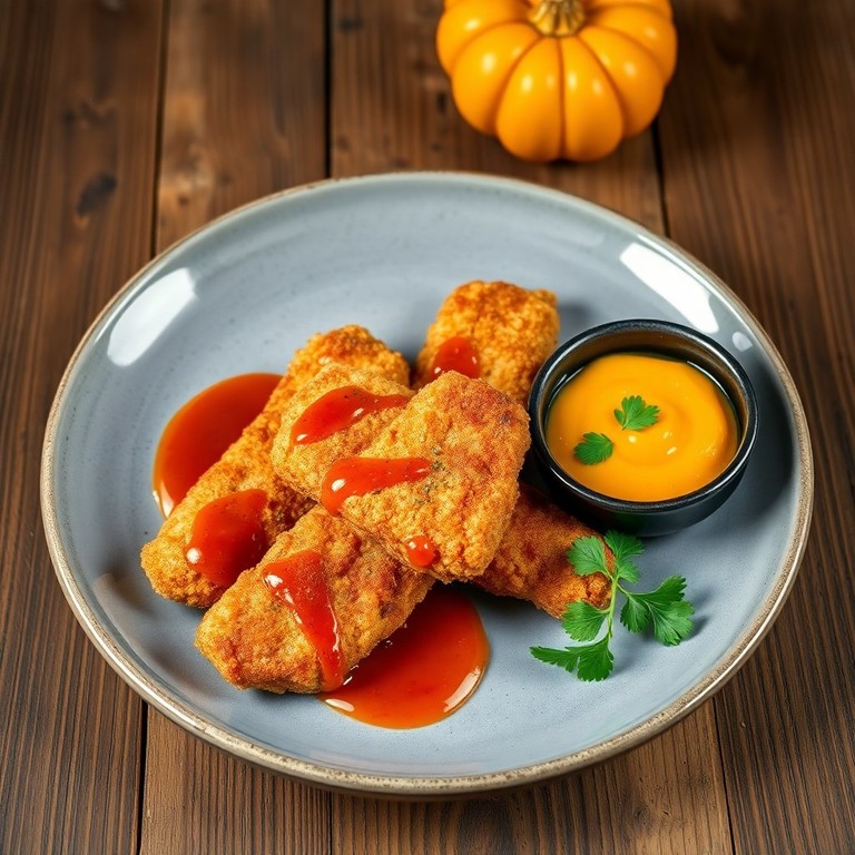 Krokante Vissticks met Pittige Curry Ketchup en Romige Pompoenpuree