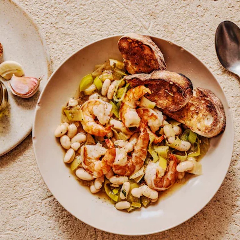 Prawn, leek and bean stew
