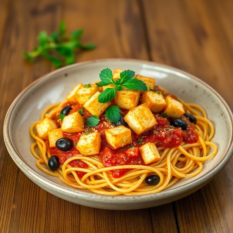 Oliven-Tomaten-Pasta mit knusprigem Tofu