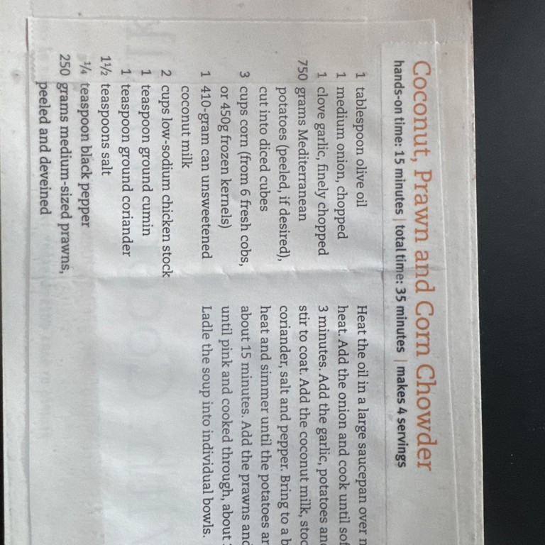 Coconut, Prawn and Corn Chowder