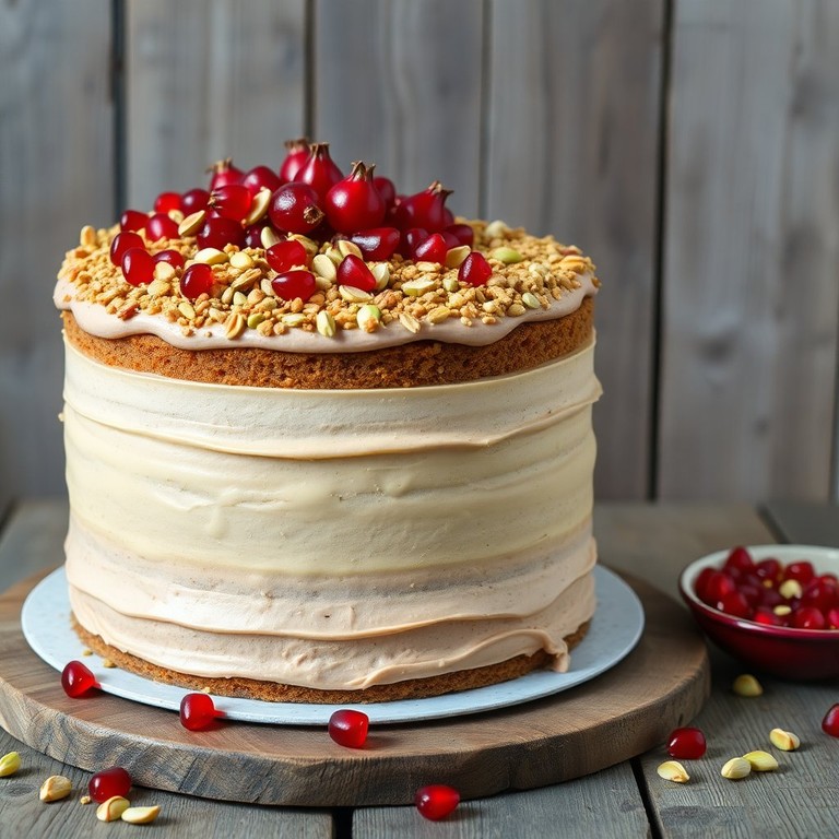 Vegan Tahini and Date Purée Layer Cake with Pistachio Praline Crunchy and Pomegranate Molasses Buttercream