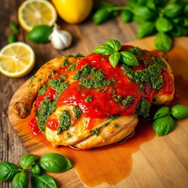 Poulet Rôti au Pesto Verde et Sauce Tomate