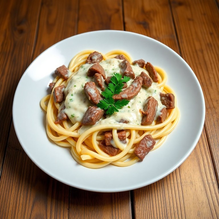 Macarrão à Isca de Carne com Molho Branco Cremoso