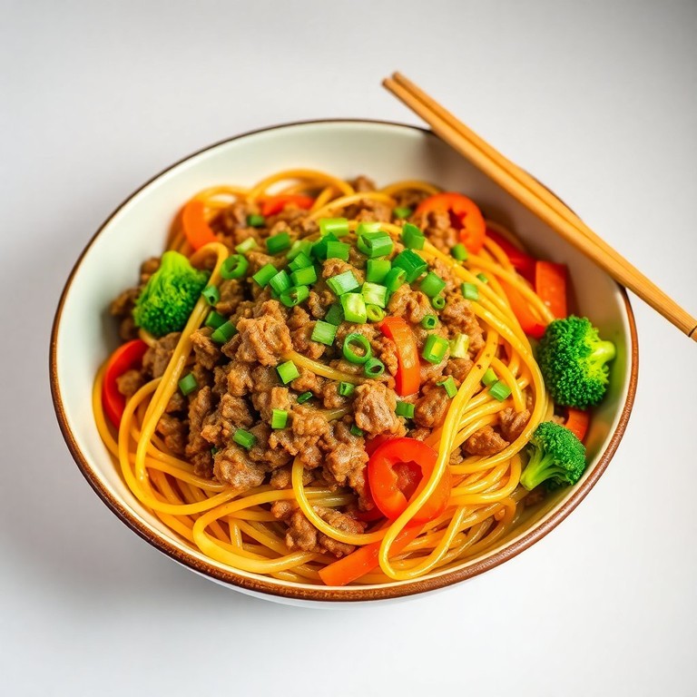 Macarrão Oriental com Carne Moída e Legumes Crocantes