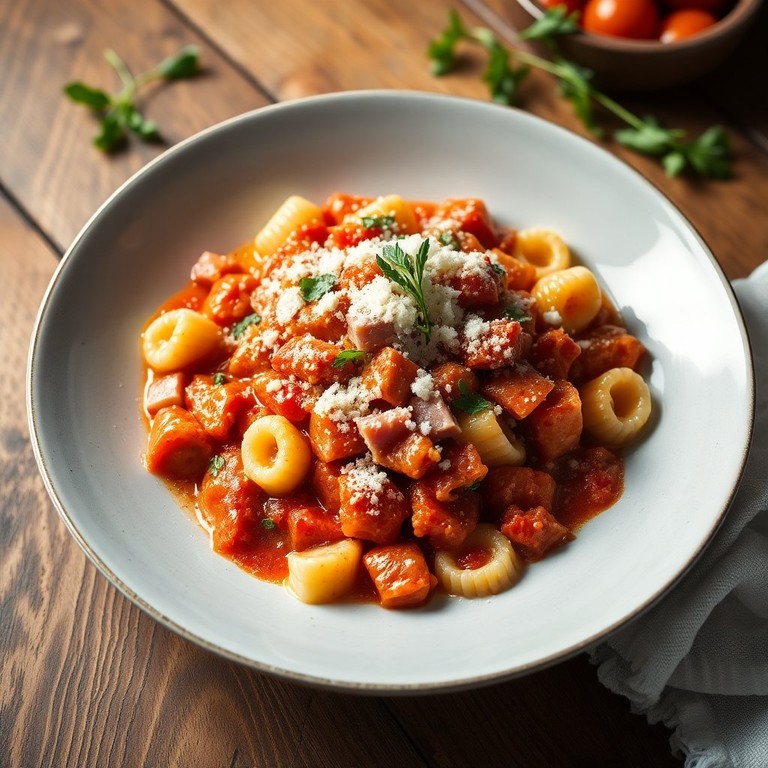 Knöpfle mit Schinken und würziger Tomatensauce