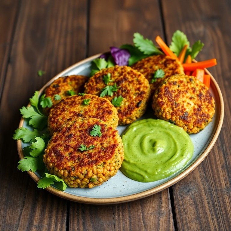 Vegane Linsen-Quinoa-Patties mit Kräuter-Dip ohne Knoblauch und Sojajoghurt