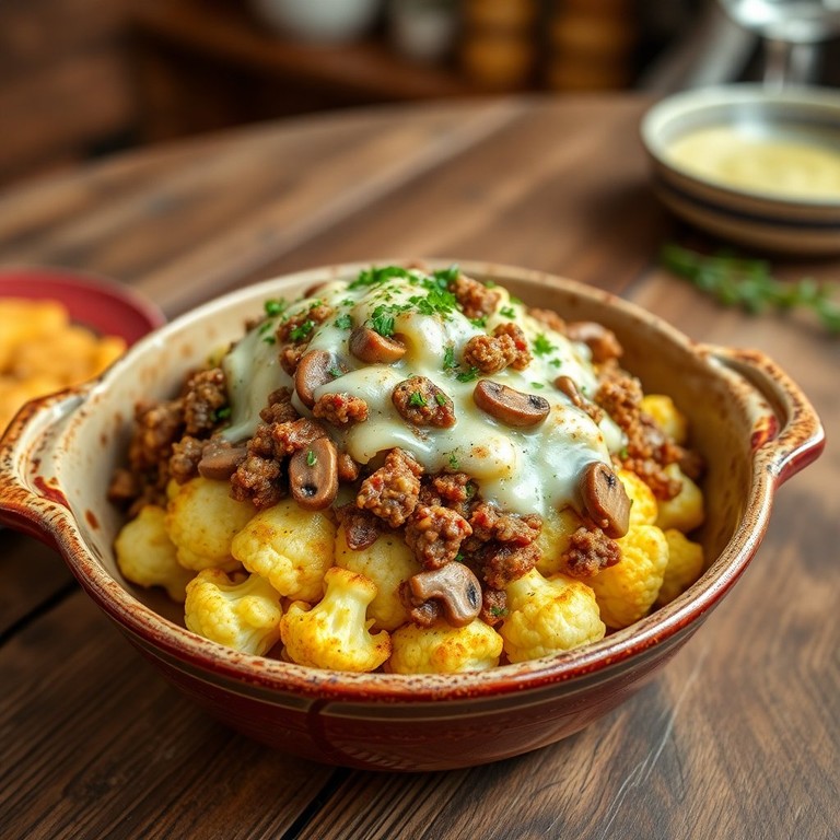 Coliflor al Horno con Champiñones y Carne
