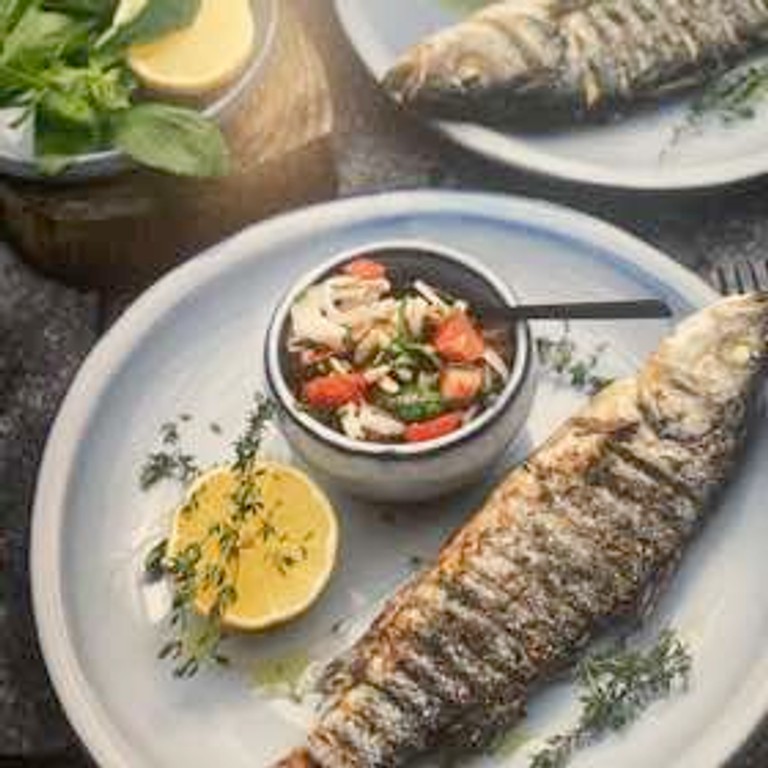 Bar Grillé À Sec Avec Un Délicieux Mélange De Légumes, D'herbes Et De Graines De Tournesol