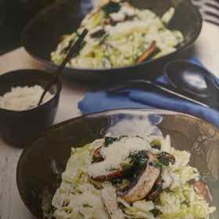 Chou pointu émincé, sauce crème au fromage et champignons