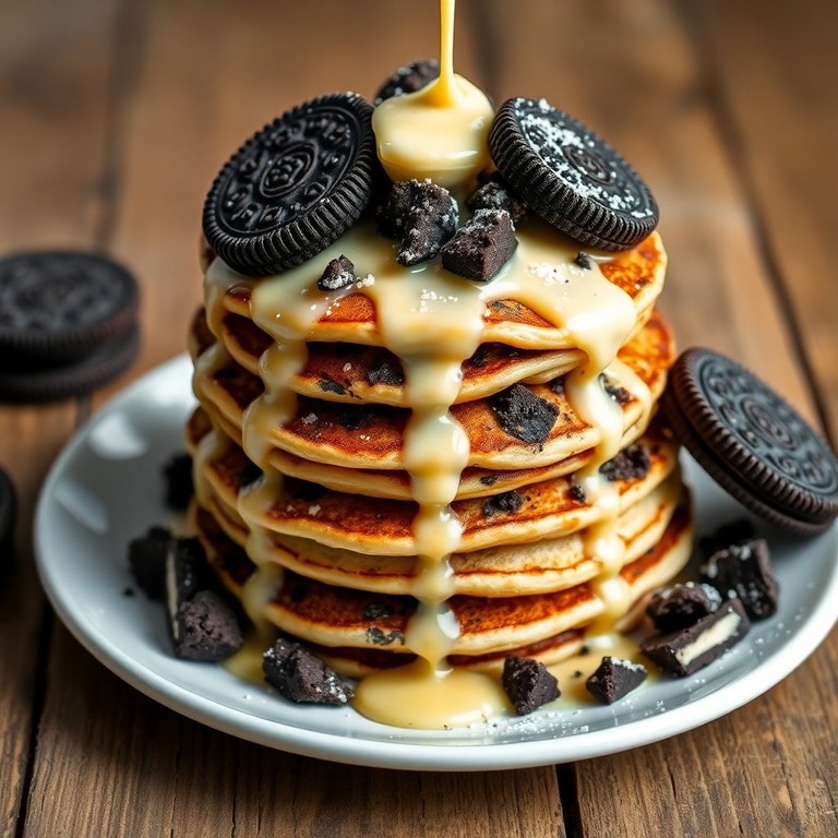 Oreo Cookie Pancakes with Creamy Milk and Butter Syrup